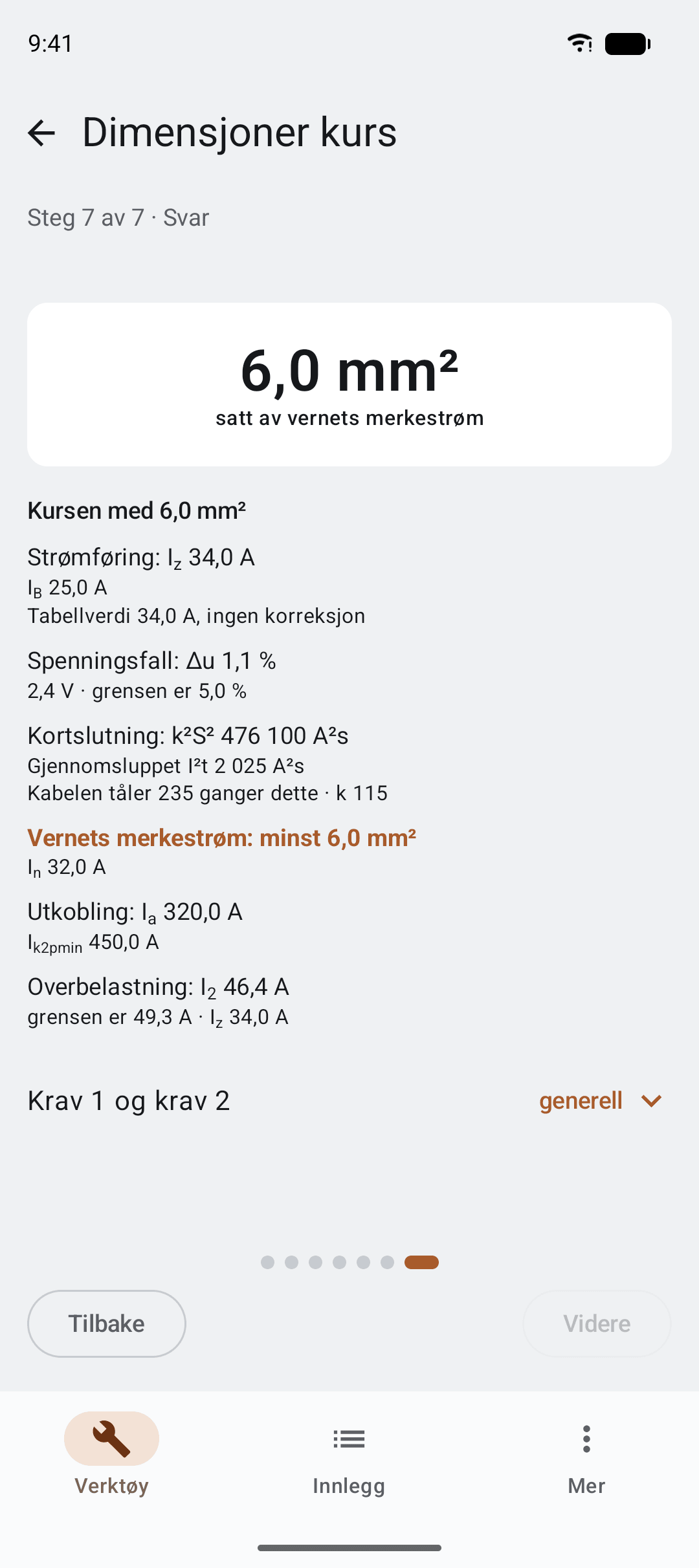 Dimensjoneringssvaret 6,0 kvadratmillimeter med de fem kravene listet under