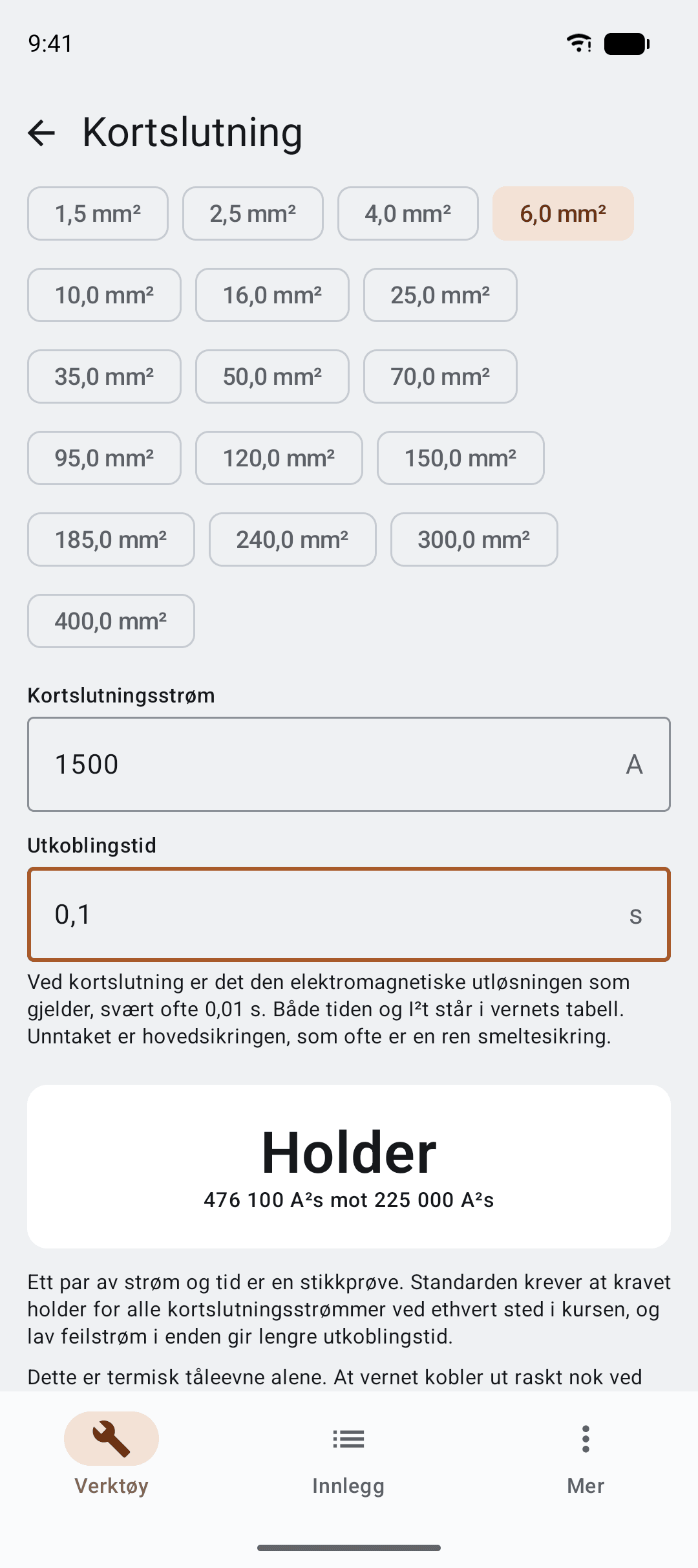 Kortslutningskontroll som viser at kabelen tåler energien med god margin