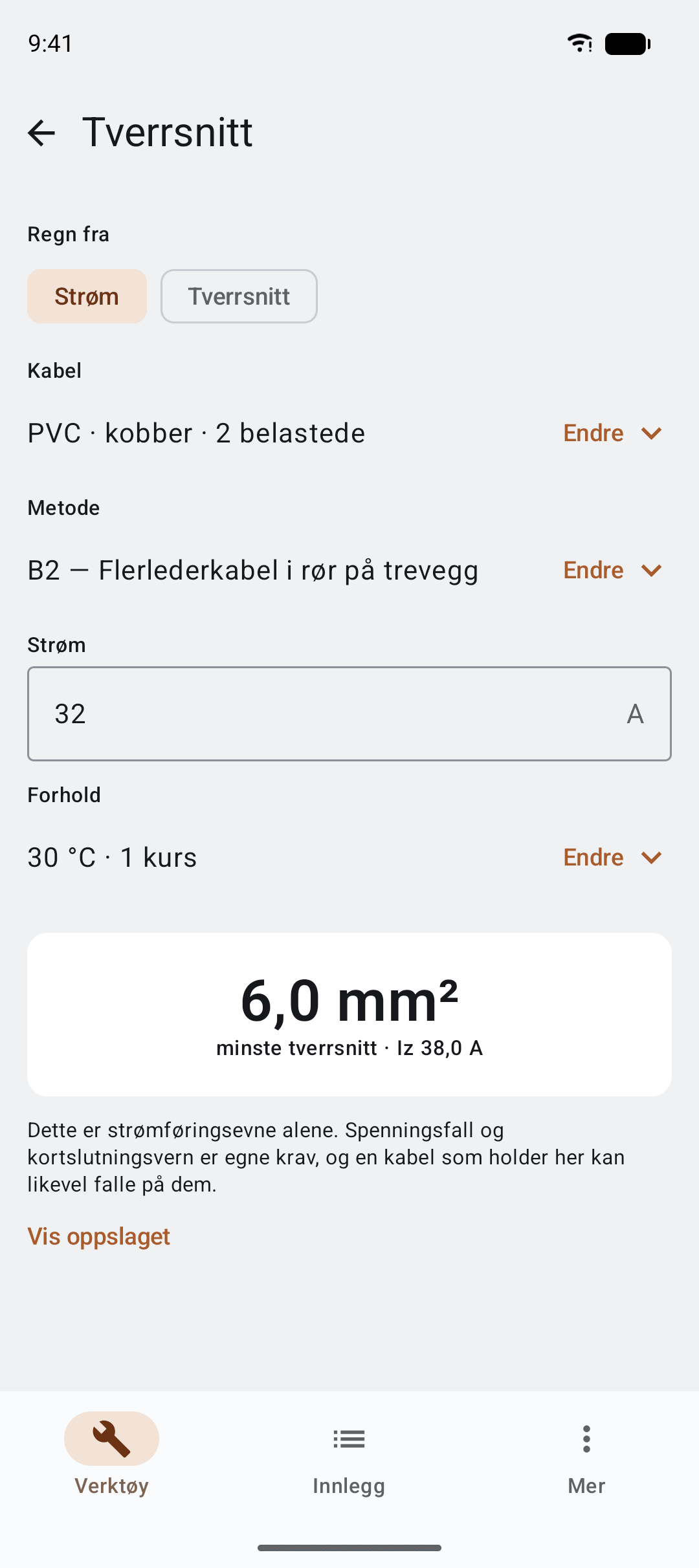 Tverrsnittberegning som gir 6,0 kvadratmillimeter for 32 ampere