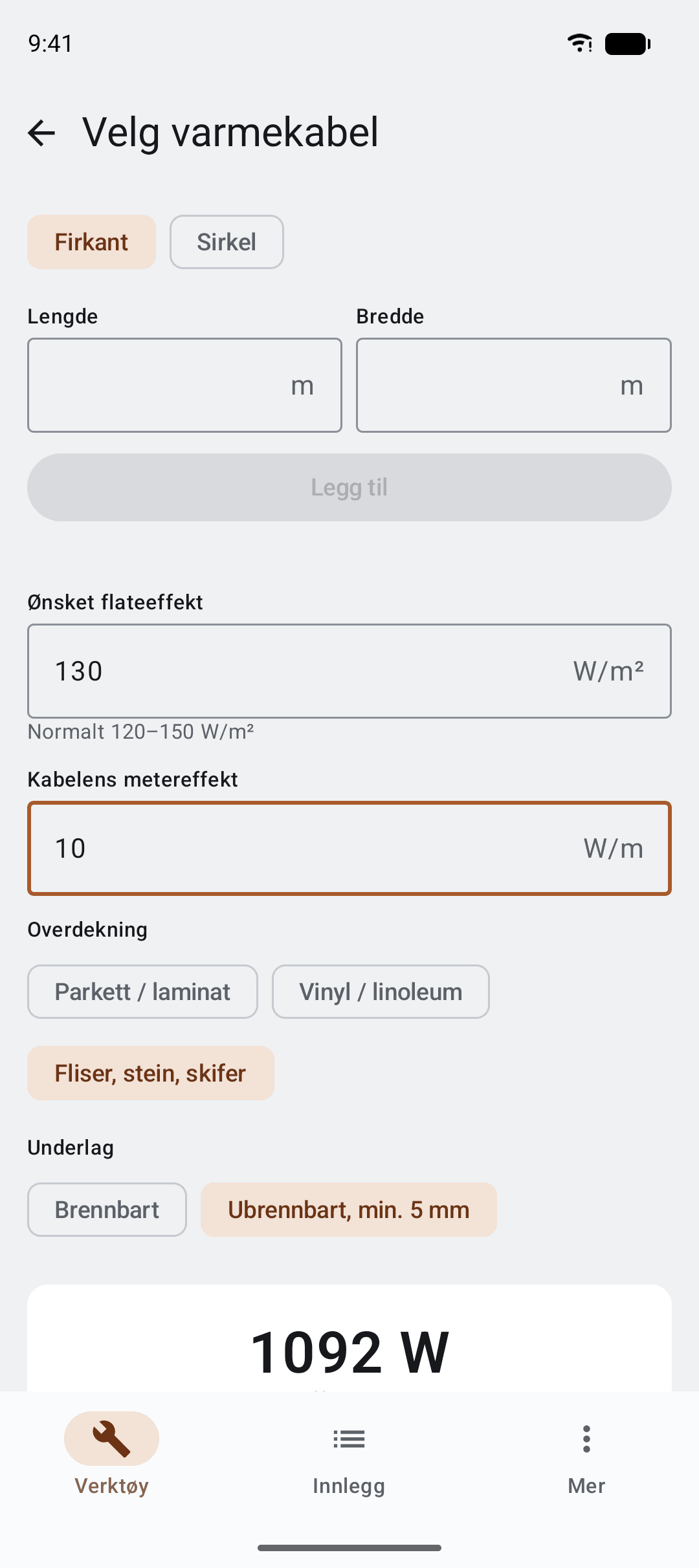Valg av varmekabel ut fra areal og effekt per kvadratmeter